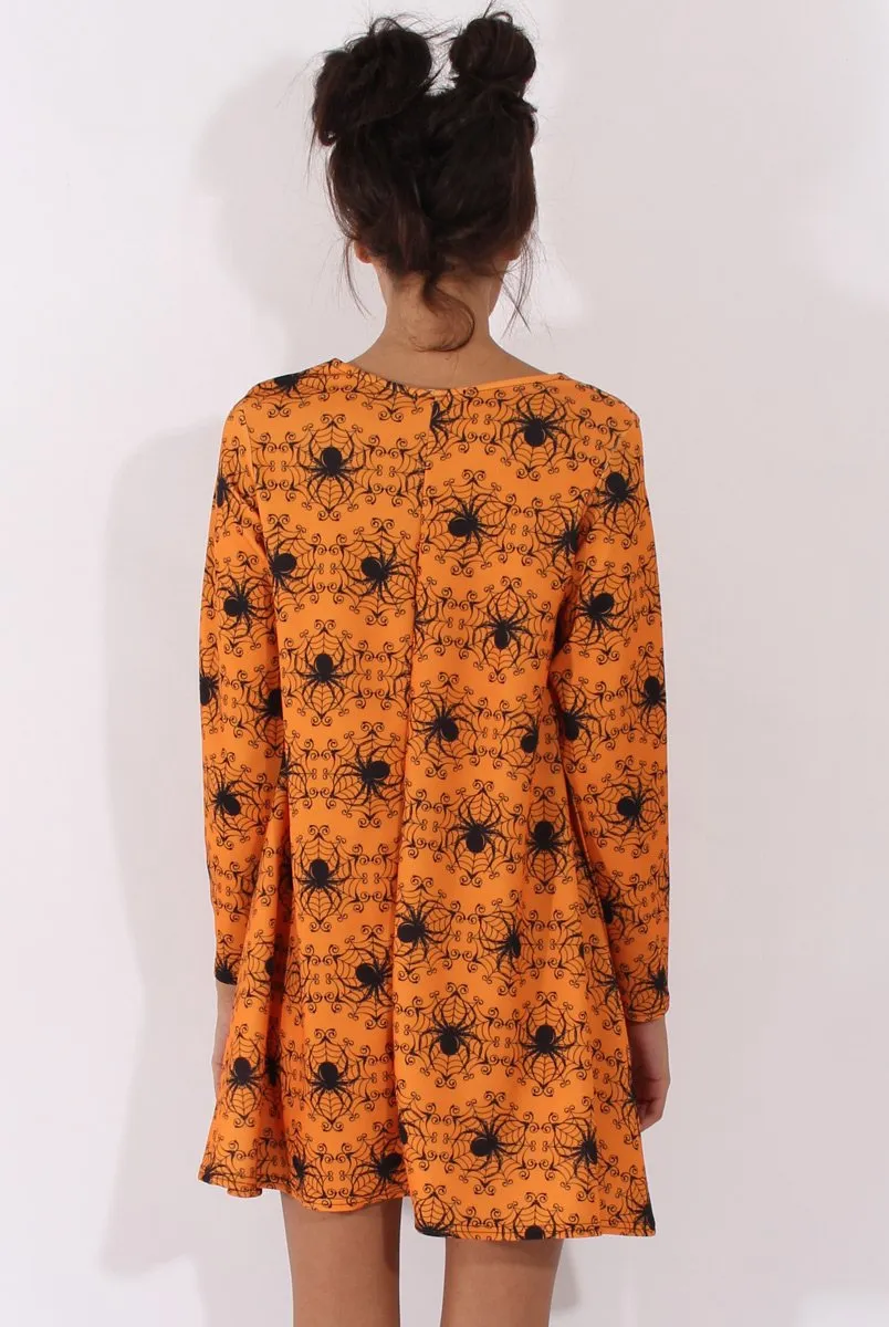 Orange Halloween Spider Swing Dress - Charlotte