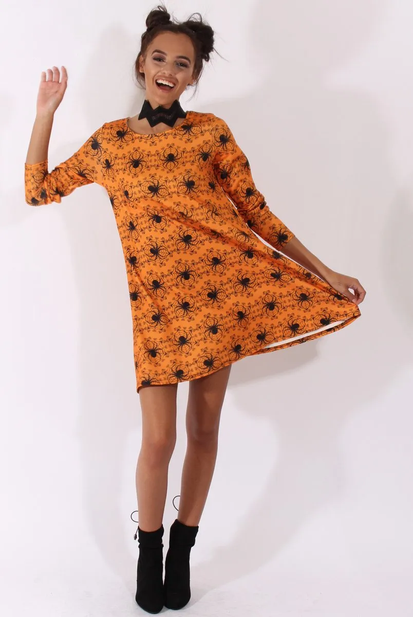 Orange Halloween Spider Swing Dress - Charlotte