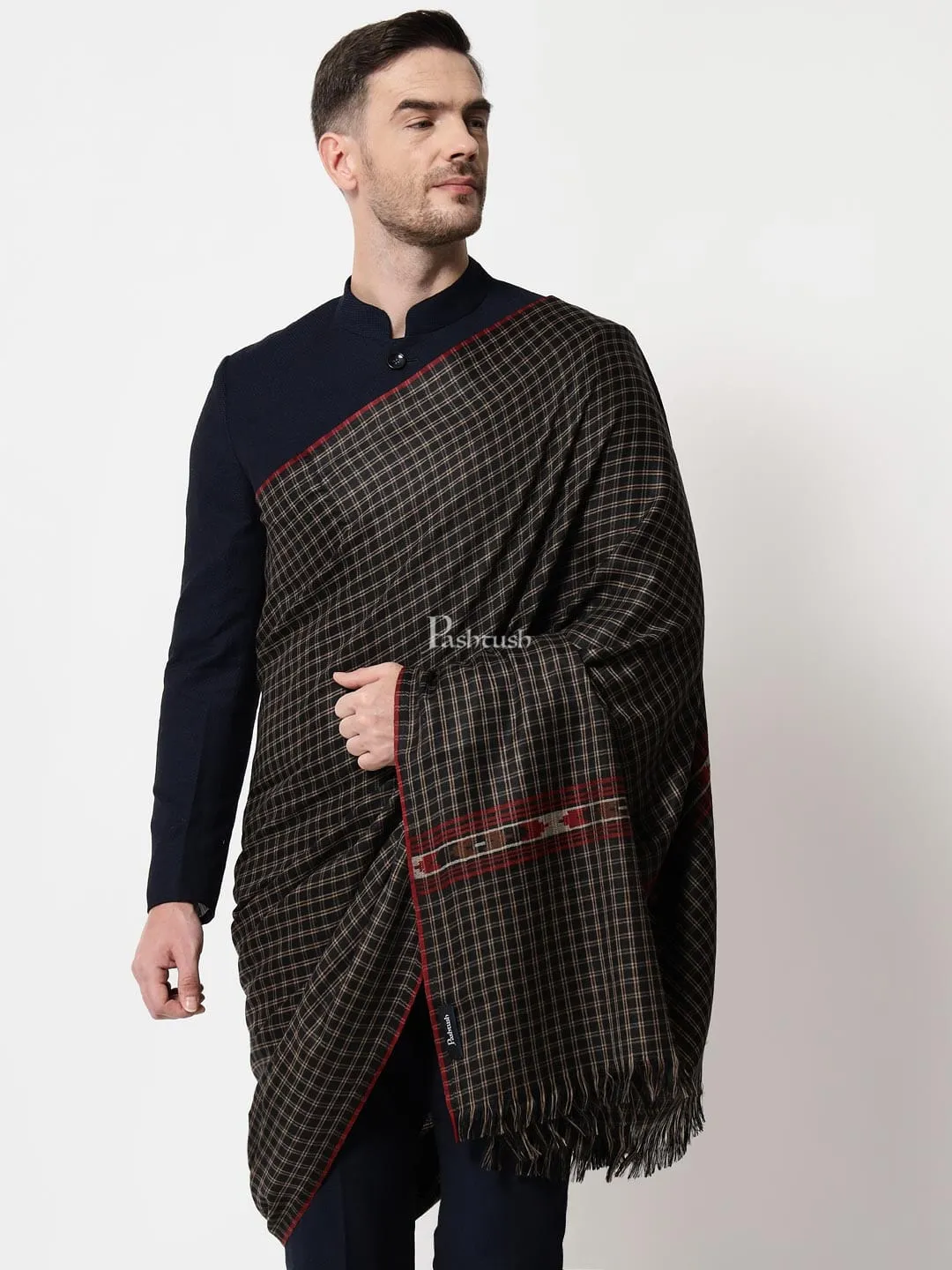 Pashtush mens Fine Wool shawl, Checkered Weave design, Black