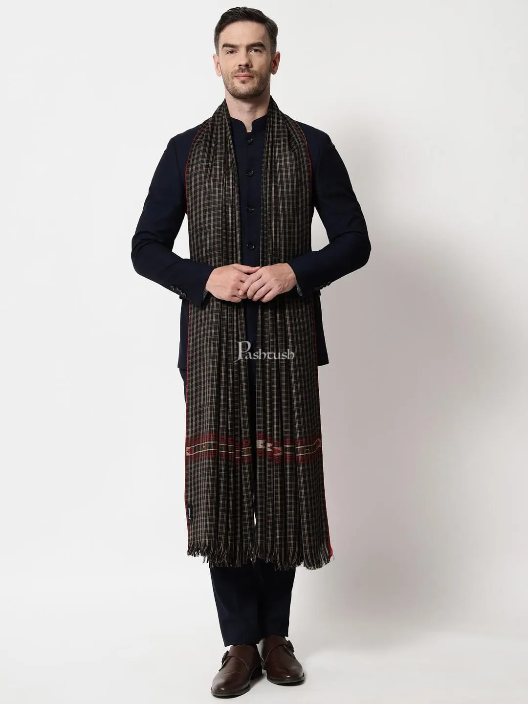 Pashtush mens Fine Wool shawl, Checkered Weave design, Black