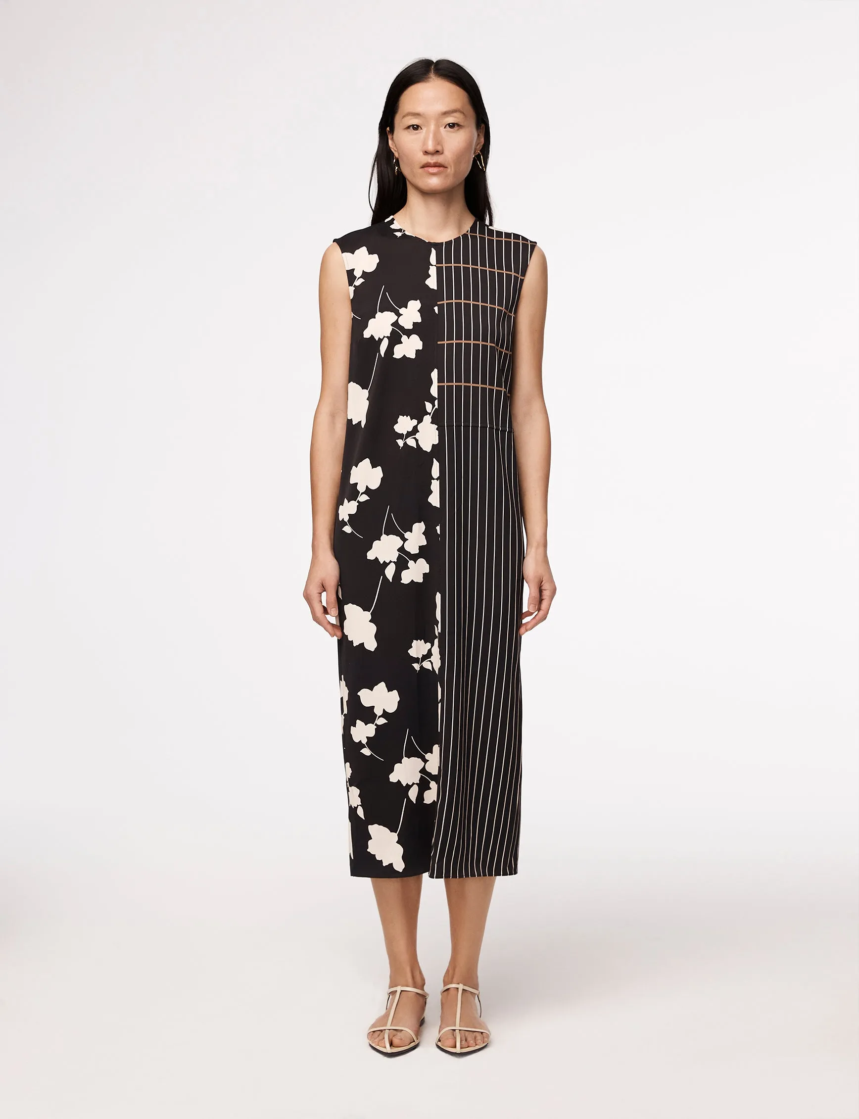 Pinstripe Floral Sleeveless Dress