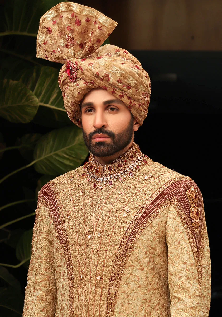 Premium Jamawar Gold Sherwani with Jewel and stone Embellishment