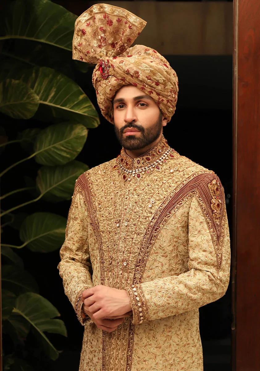 Premium Jamawar Gold Sherwani with Jewel and stone Embellishment