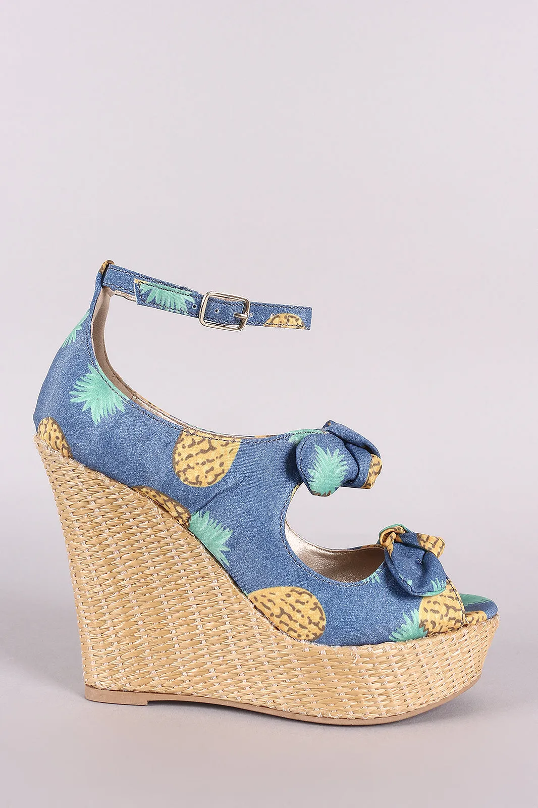 Qupid Pineapple Print Bow Ankle Strap Wedge