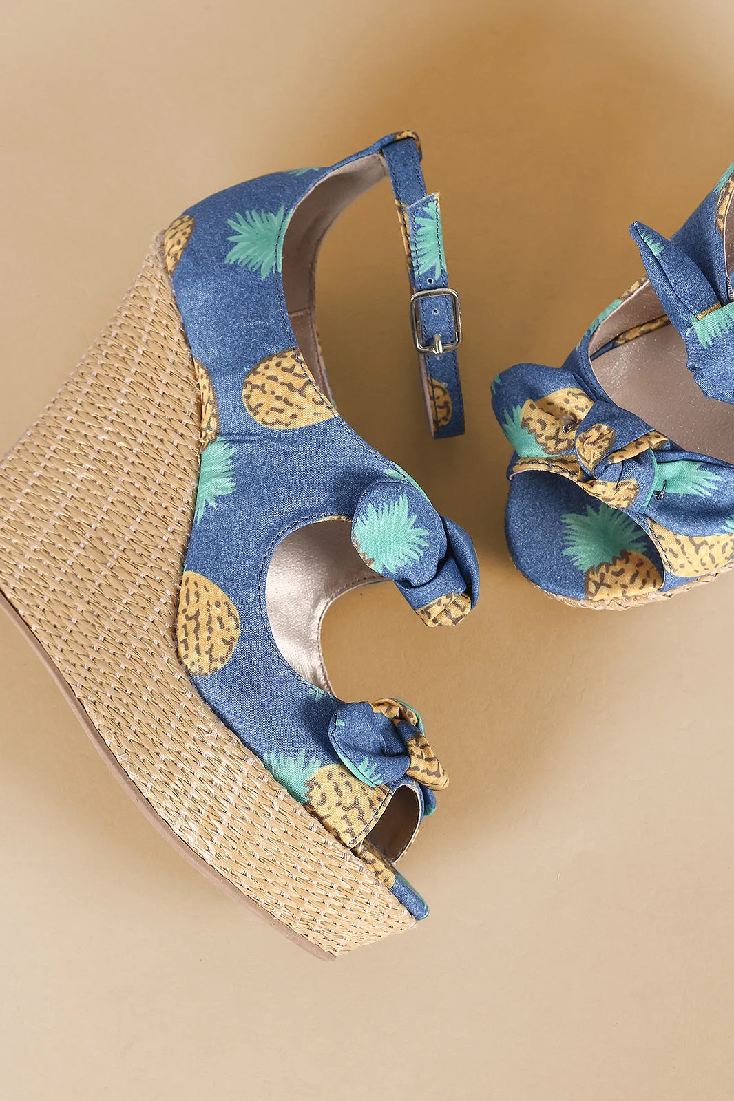 Qupid Pineapple Print Bow Ankle Strap Wedge