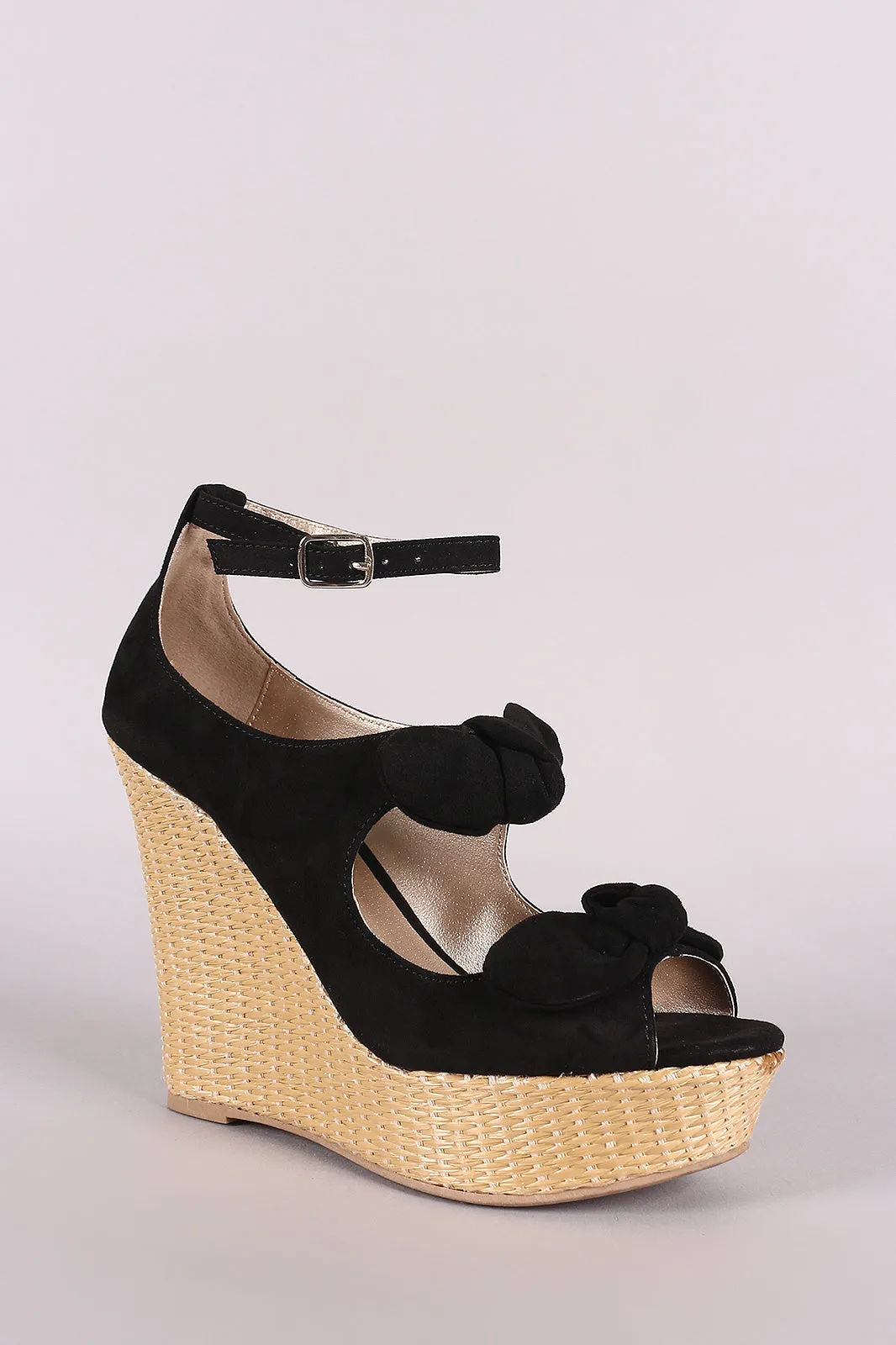 Qupid Suede Bow Ankle Strap Wedge