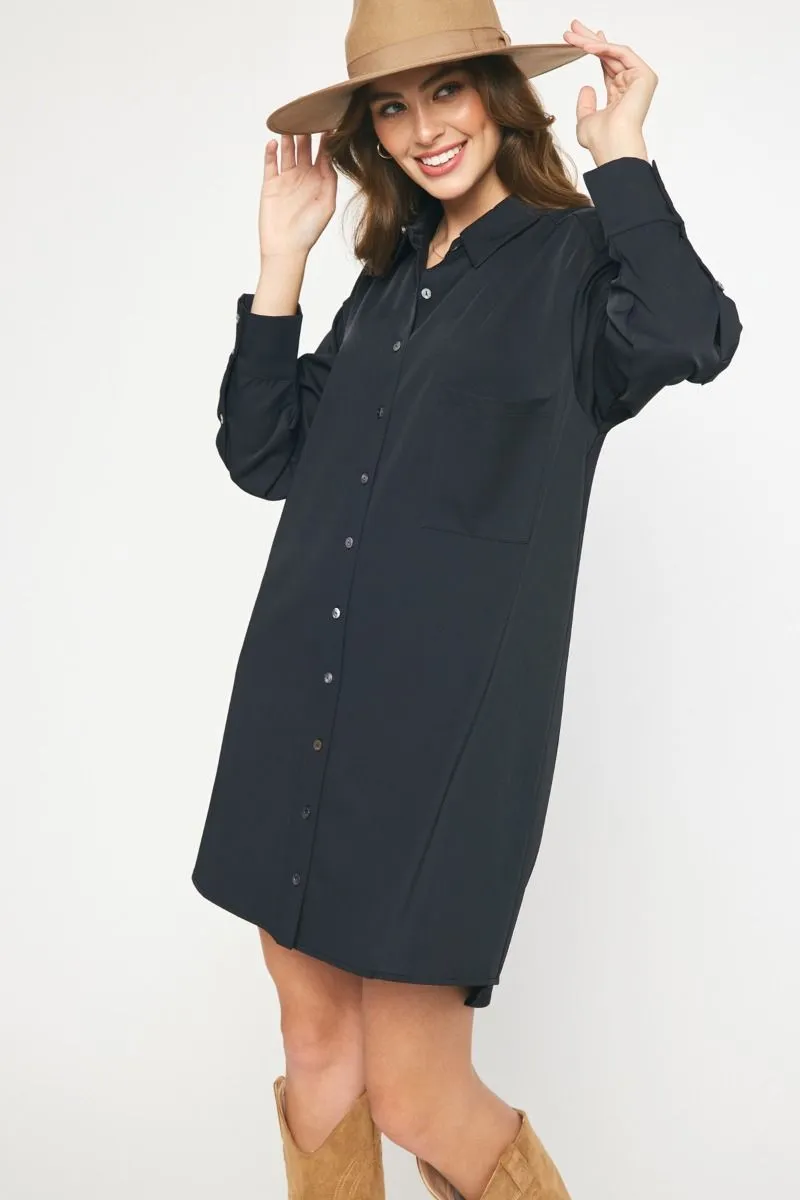 Solid Long Sleeve Collared Button Up Mini Dress