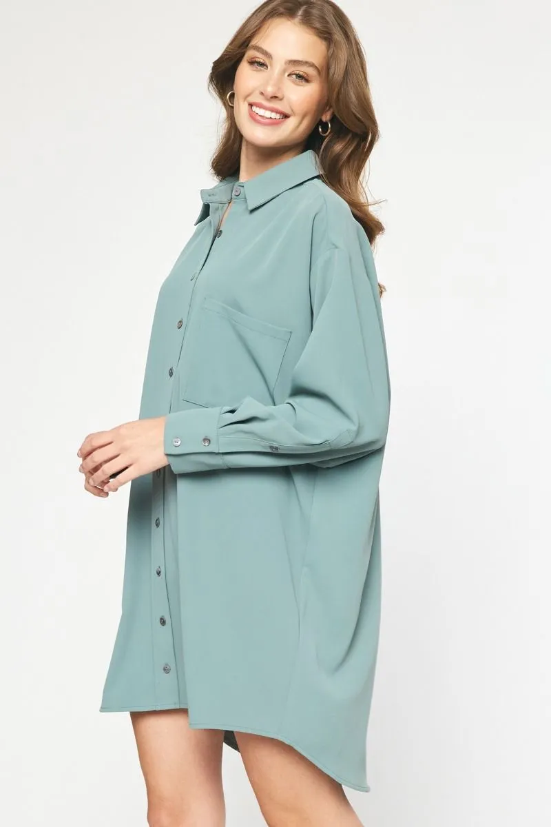 Solid Long Sleeve Collared Button Up Mini Dress