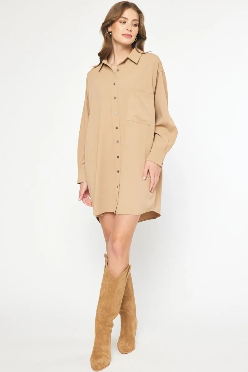 Solid Long Sleeve Collared Button Up Mini Dress