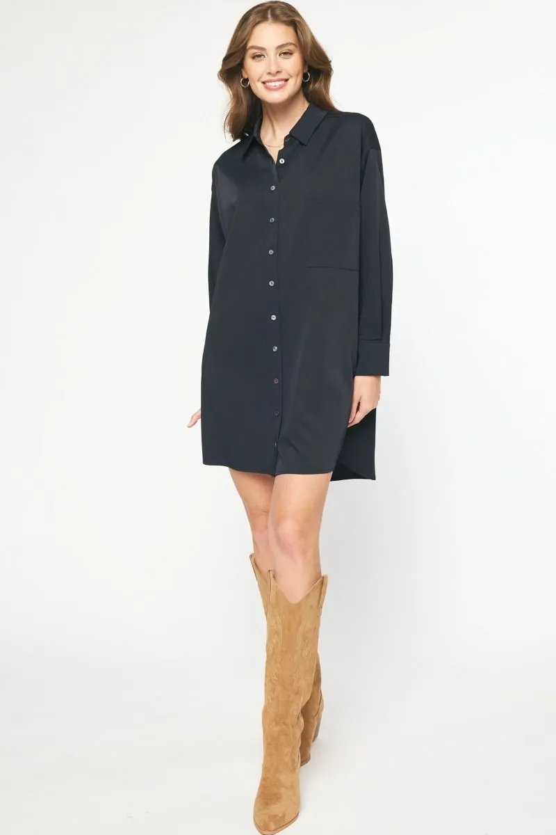 Solid Long Sleeve Collared Button Up Mini Dress