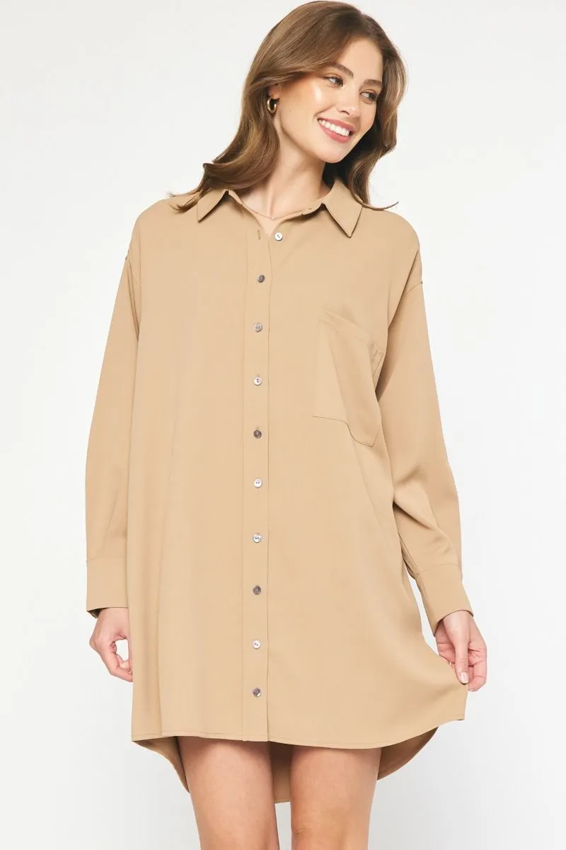 Solid Long Sleeve Collared Button Up Mini Dress