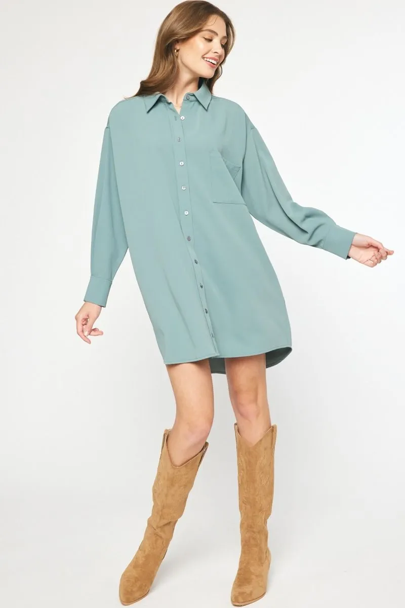 Solid Long Sleeve Collared Button Up Mini Dress