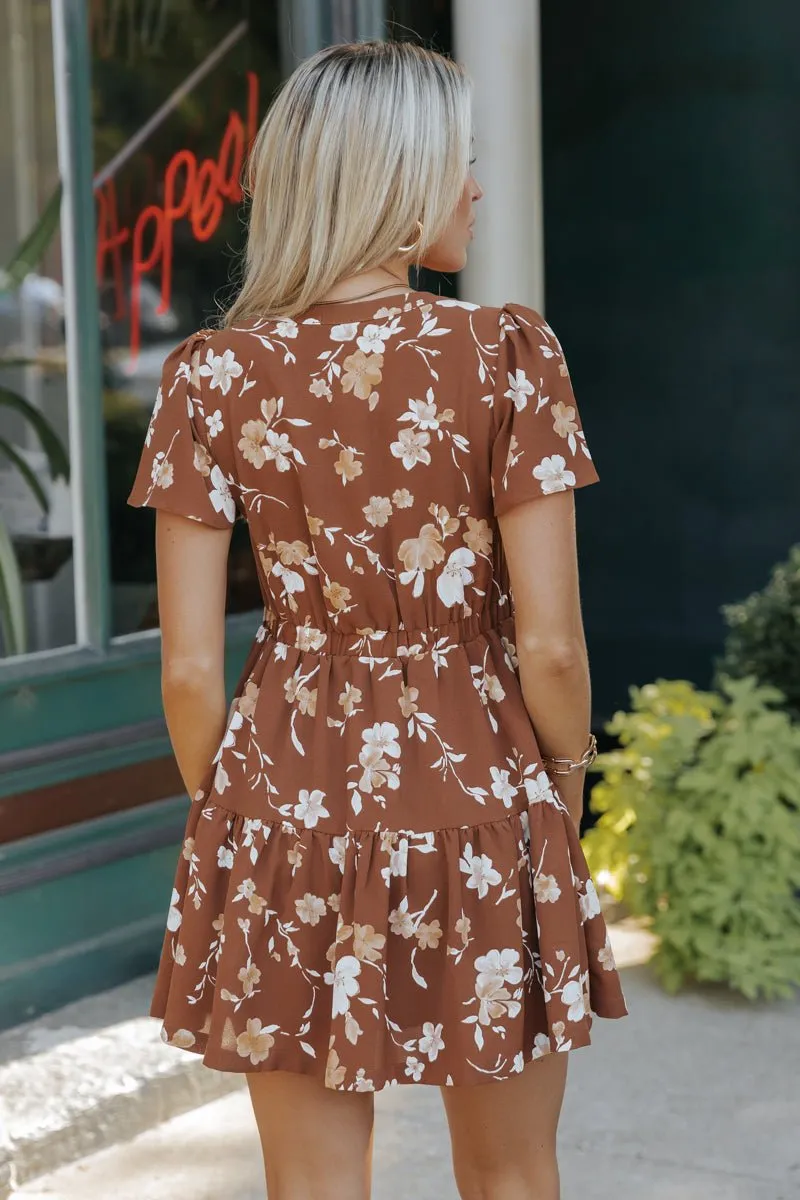 Sweetly Yours Floral Mini Dress - Brown