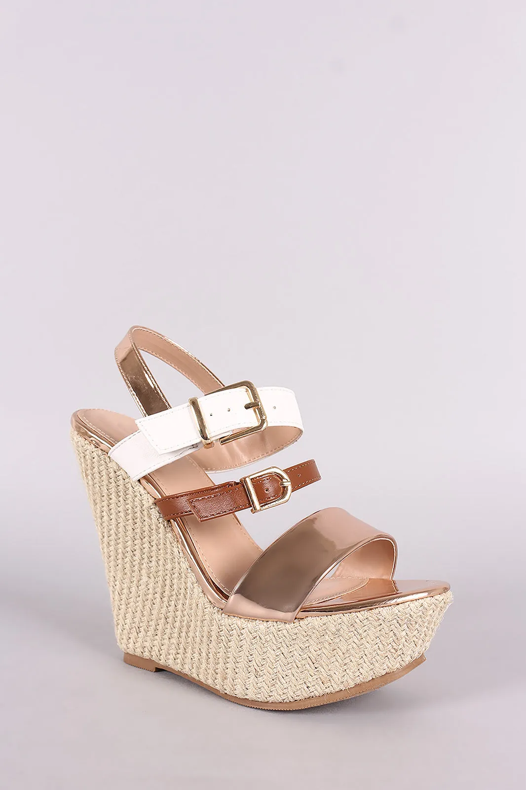 Tri-Tone Strappy Buckled Platform Wedge