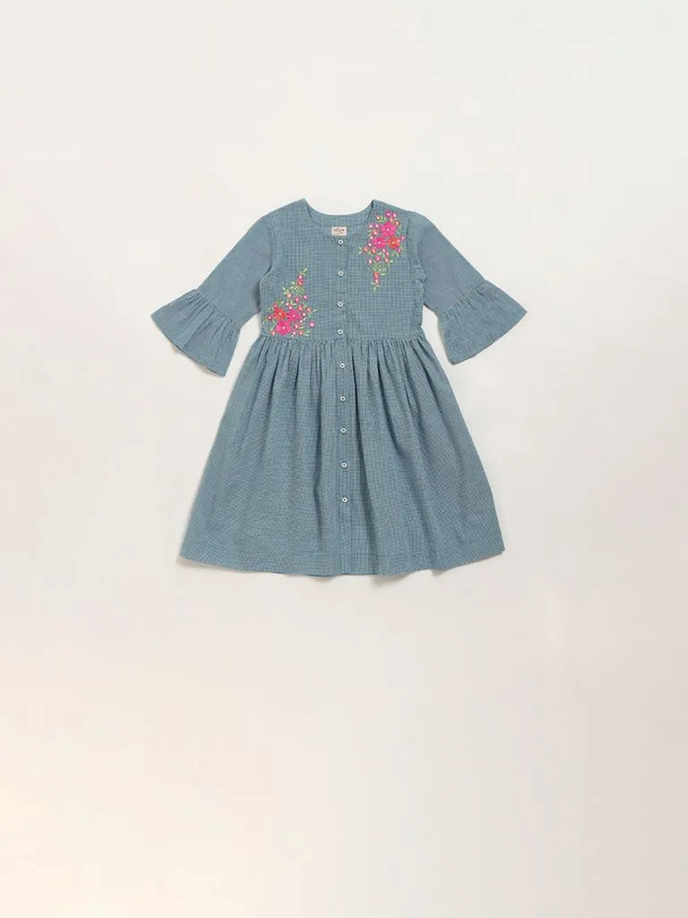 Utsa Kids Blue Checks Design A-Line Cotton Dress - (2 -8yrs)