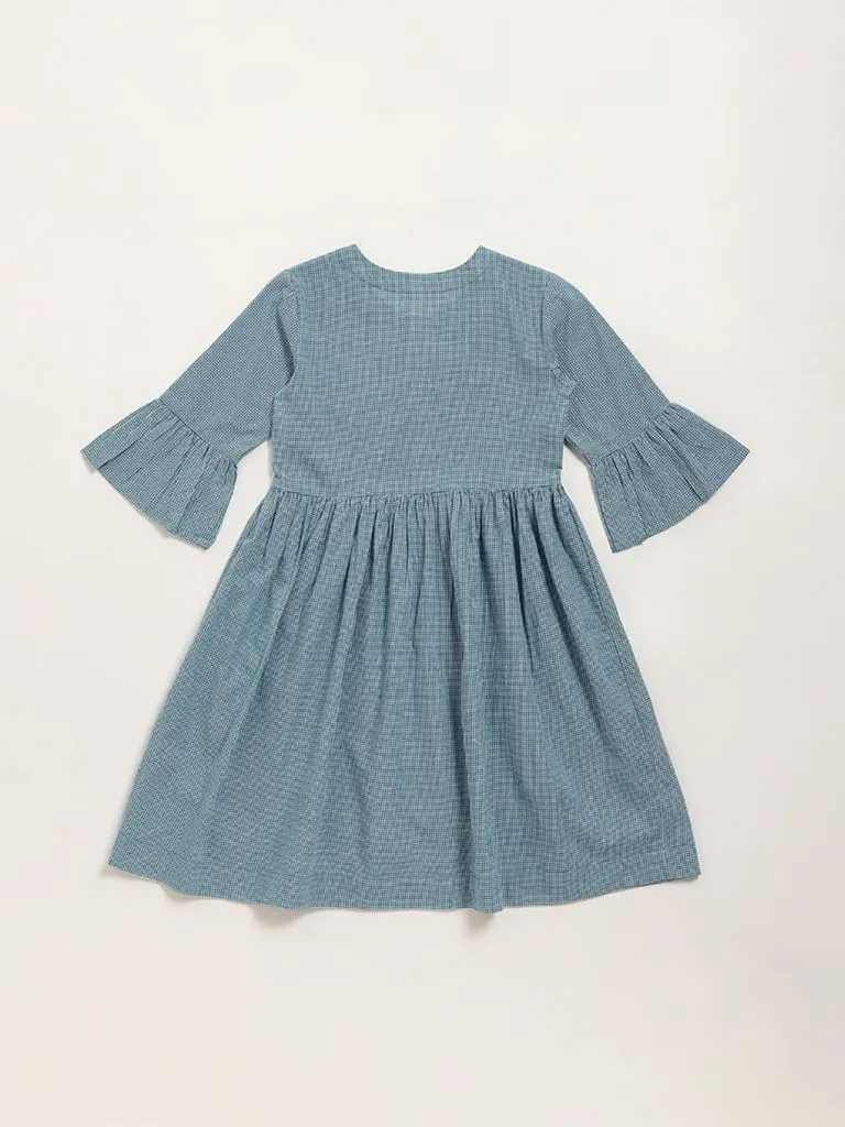 Utsa Kids Blue Checks Design A-Line Cotton Dress - (8 -14yrs)