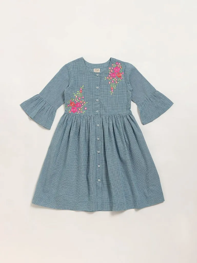 Utsa Kids Blue Checks Design A-Line Cotton Dress - (8 -14yrs)