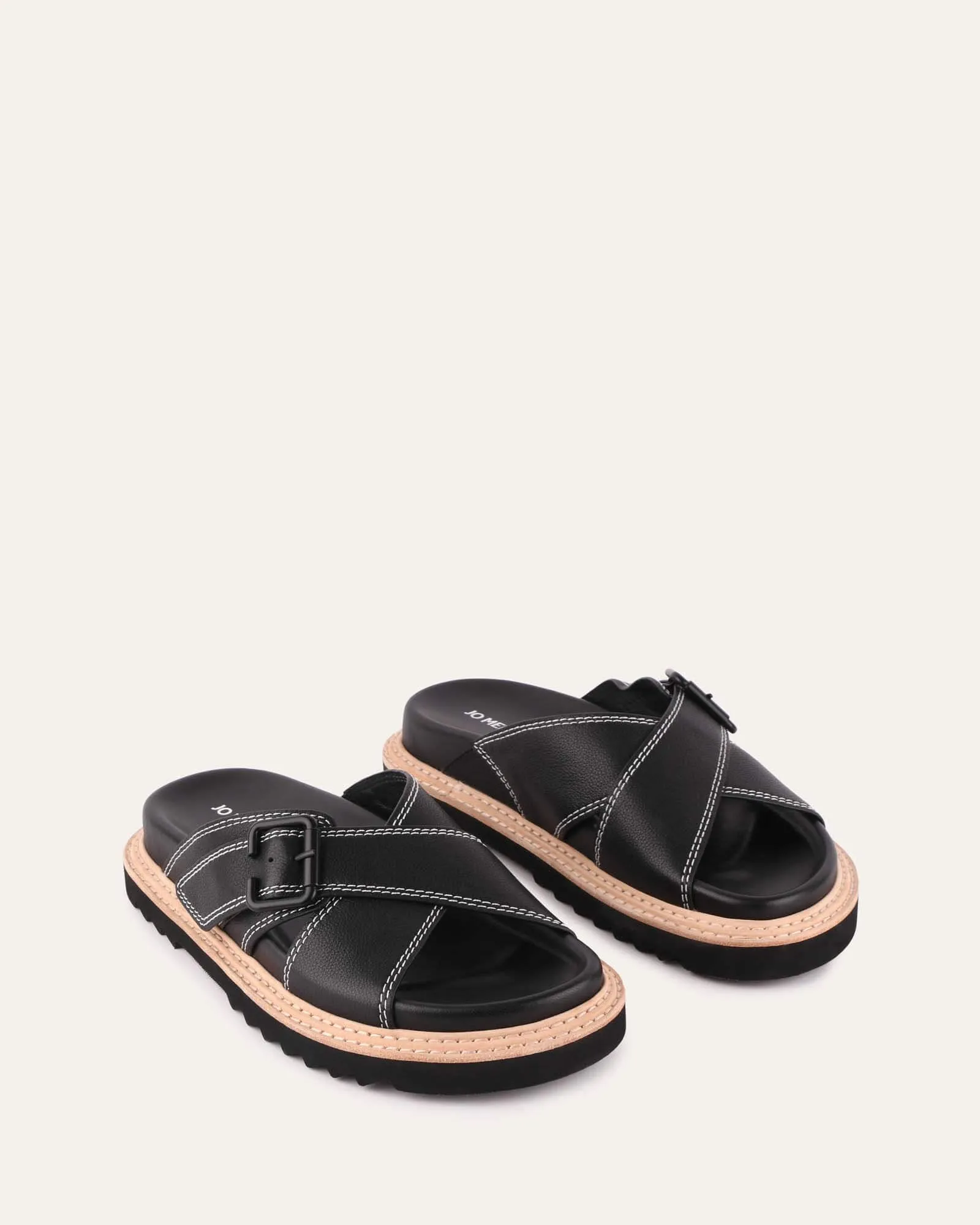 VENOM FLAT SLIDE SANDALS BLACK LEATHER