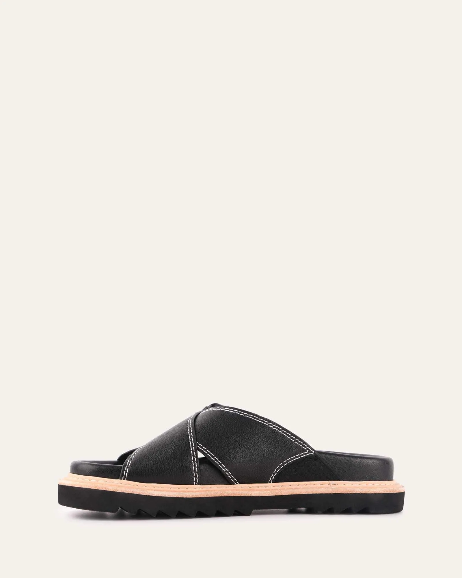 VENOM FLAT SLIDE SANDALS BLACK LEATHER