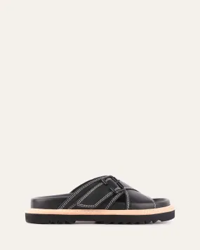 VENOM FLAT SLIDE SANDALS BLACK LEATHER