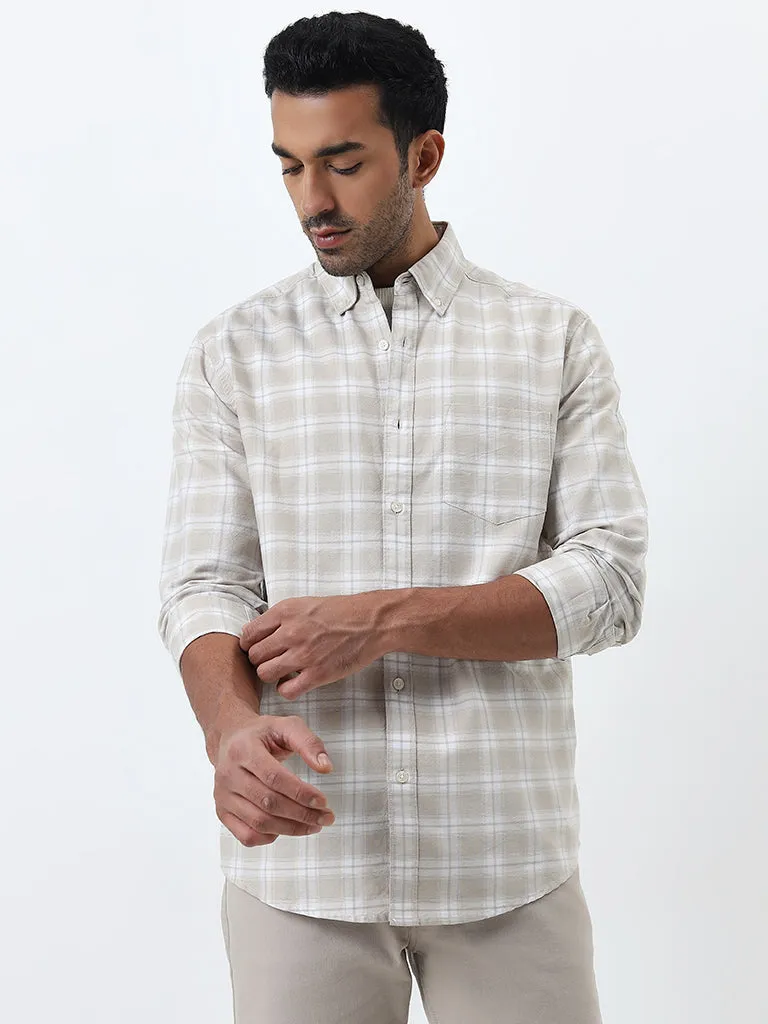 WES Casuals Beige Checkered Relaxed-Fit Cotton Shirt