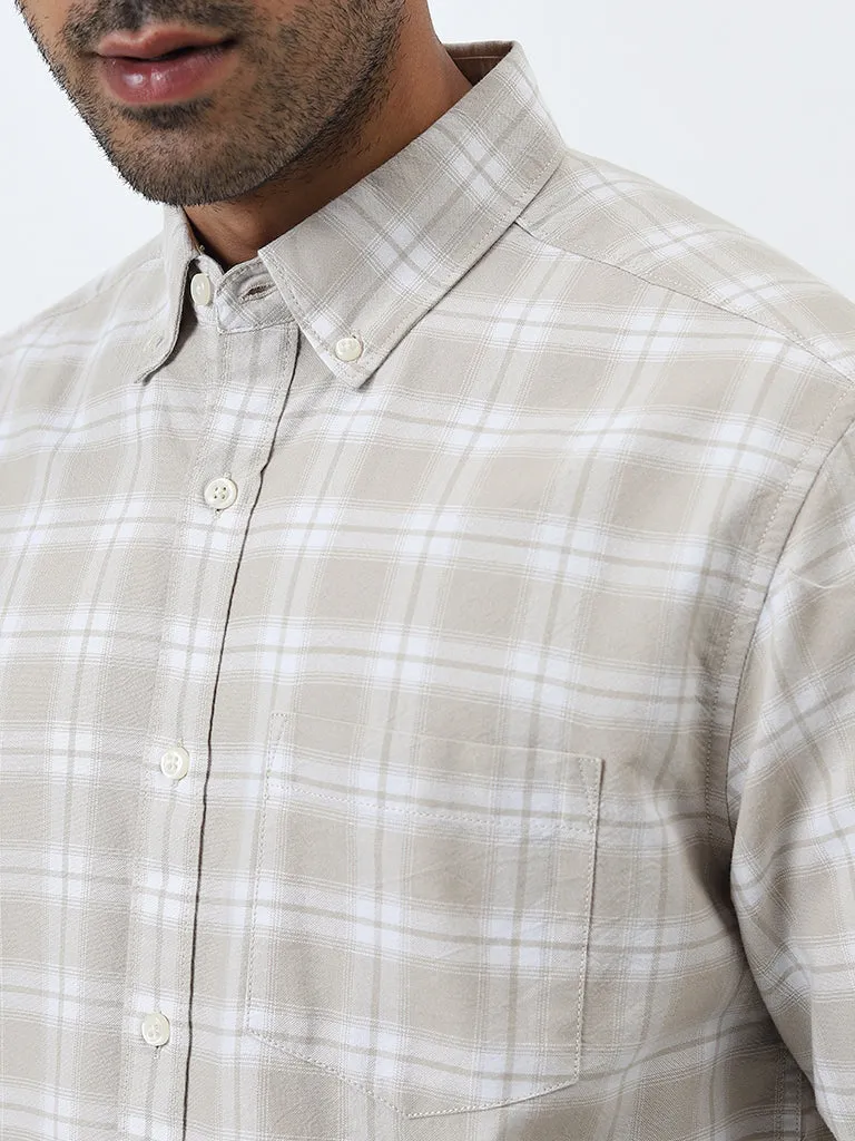 WES Casuals Beige Checkered Relaxed-Fit Cotton Shirt