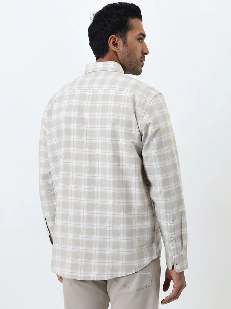 WES Casuals Beige Checkered Relaxed-Fit Cotton Shirt