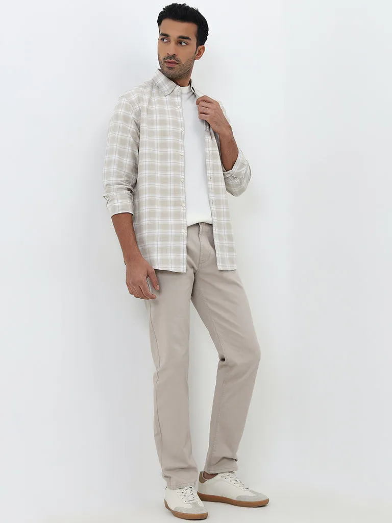 WES Casuals Beige Checkered Relaxed-Fit Cotton Shirt