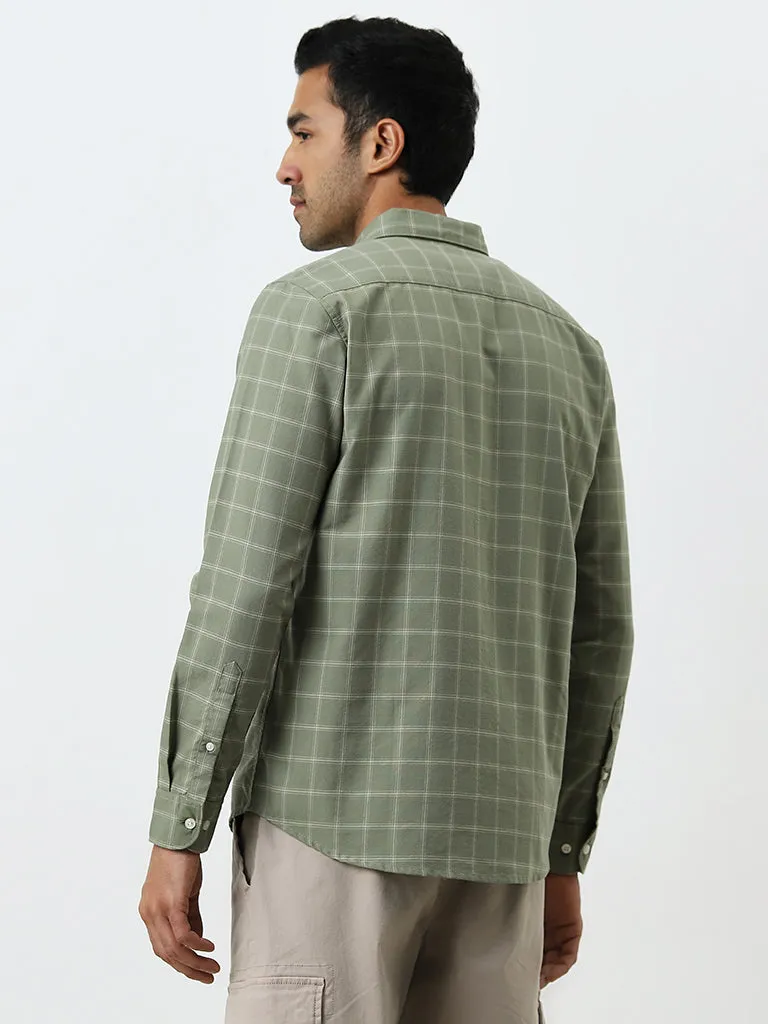 WES Casuals Light Green Checkered Slim-Fit Cotton Shirt