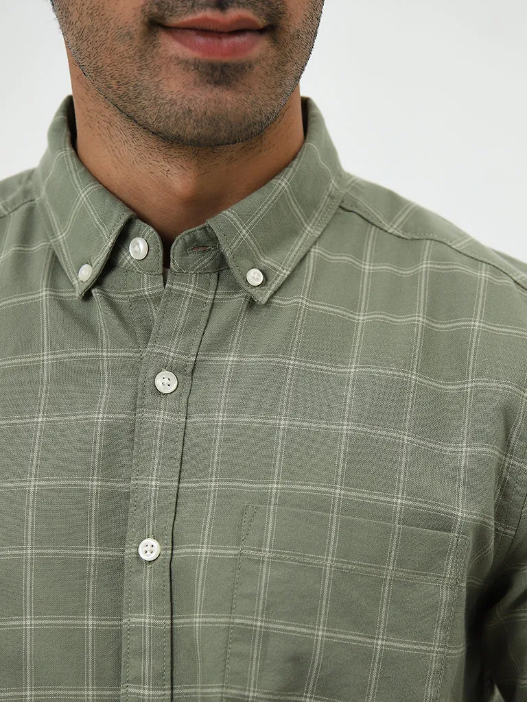 WES Casuals Light Green Checkered Slim-Fit Cotton Shirt