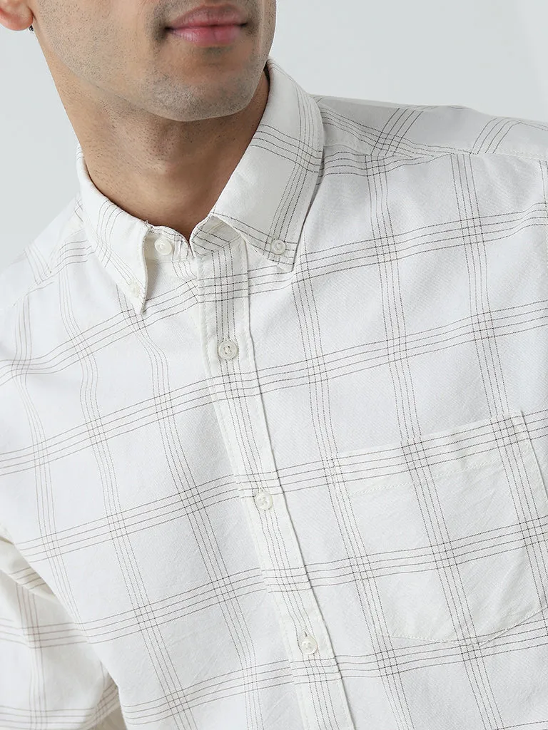 WES Casuals Off-White Checkered Relaxed-Fit Cotton Shirt