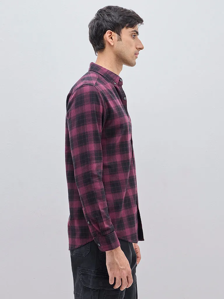 WES Casuals Wine Checks Design Slim-Fit Cotton Shirt