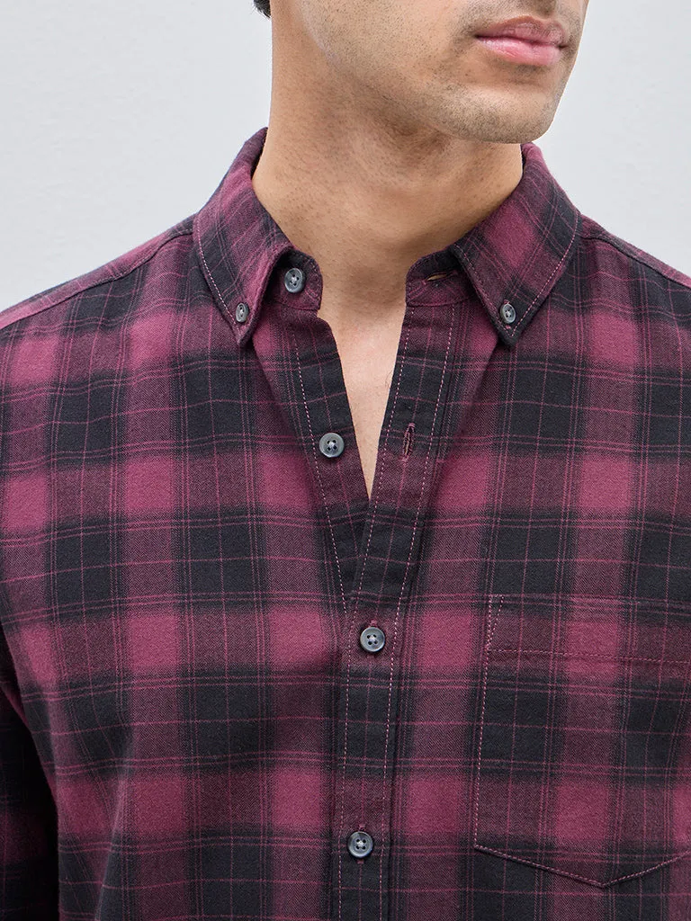 WES Casuals Wine Checks Design Slim-Fit Cotton Shirt