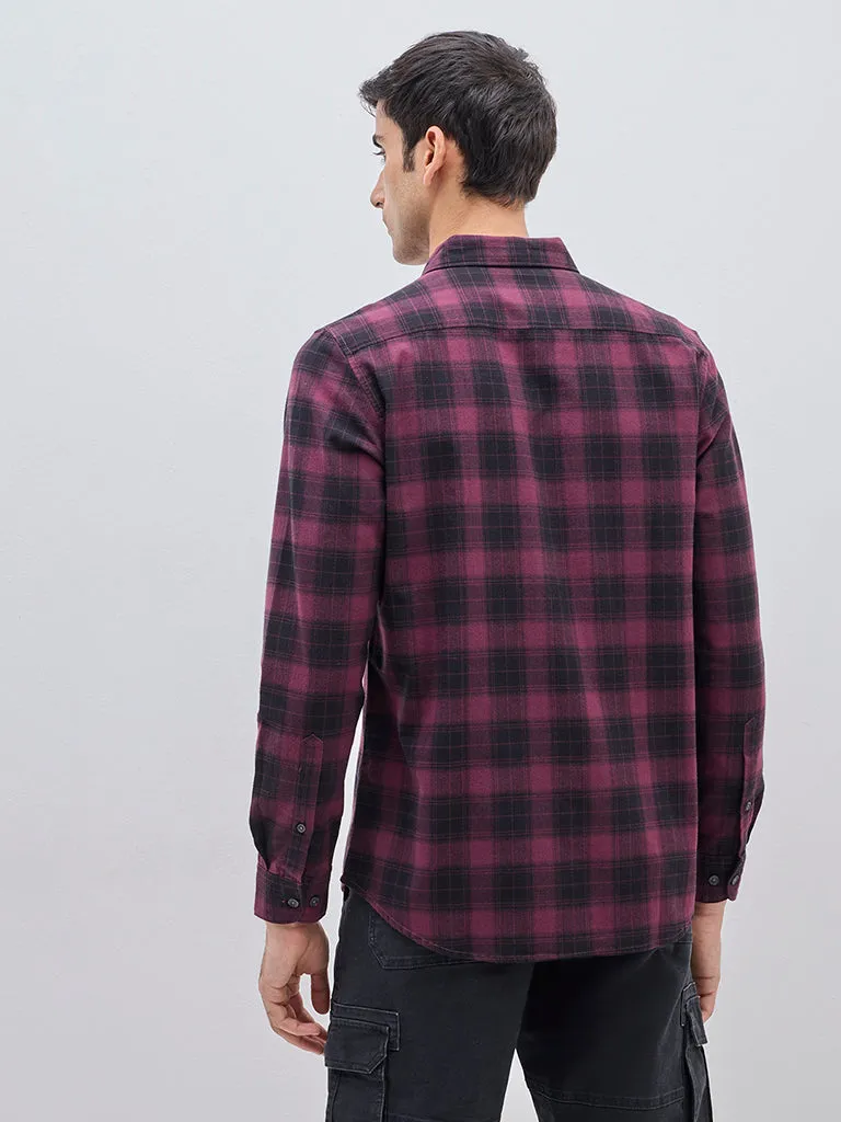 WES Casuals Wine Checks Design Slim-Fit Cotton Shirt