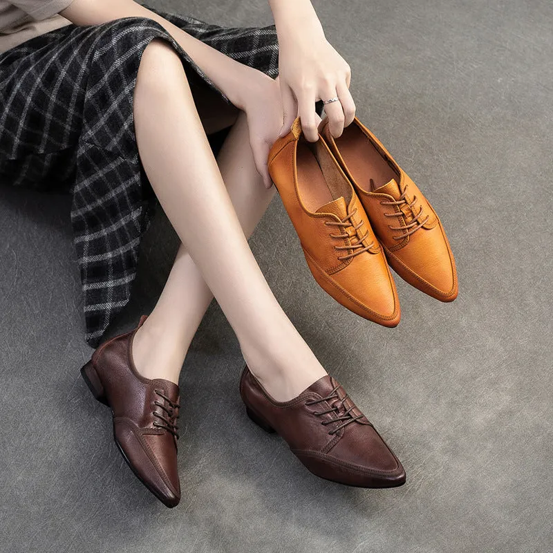 Women Retro Solid Leather Pointed Toe Work Shoes