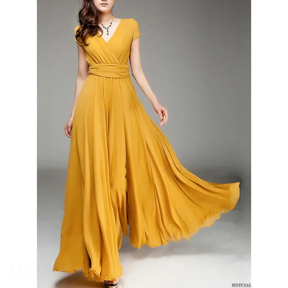 Women's Fashion V Neck Short Sleeve Evening Party Dress Temperament Solid Colour Long Cocktail Chiffon High Waist Summer Dresses