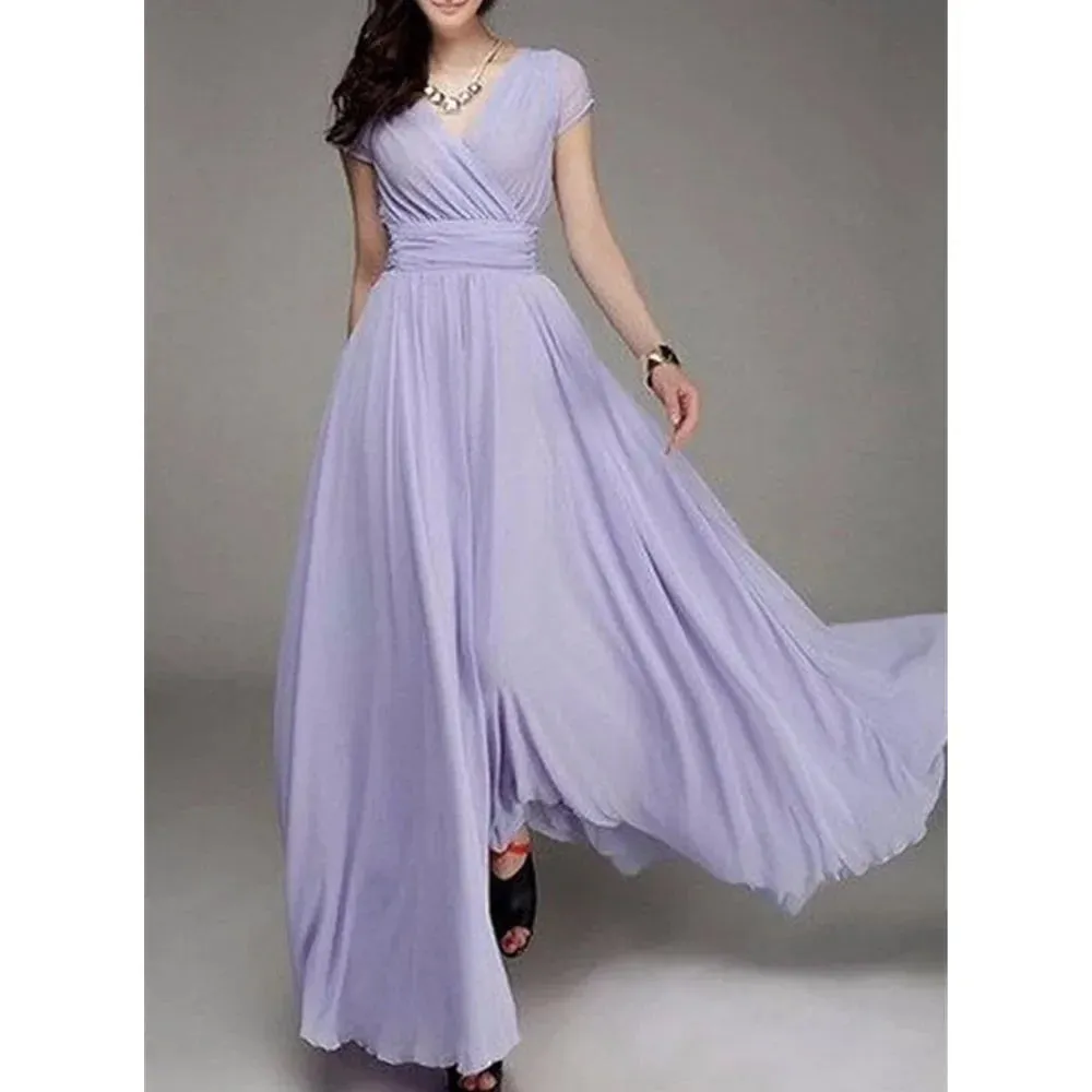 Women's Fashion V Neck Short Sleeve Evening Party Dress Temperament Solid Colour Long Cocktail Chiffon High Waist Summer Dresses