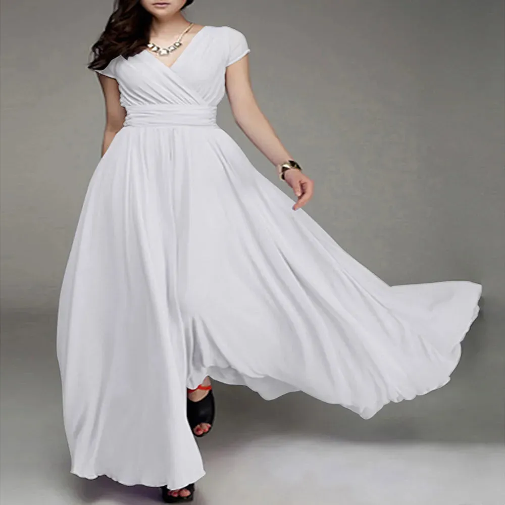 Women's Fashion V Neck Short Sleeve Evening Party Dress Temperament Solid Colour Long Cocktail Chiffon High Waist Summer Dresses