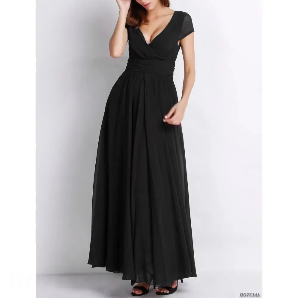 Women's Fashion V Neck Short Sleeve Evening Party Dress Temperament Solid Colour Long Cocktail Chiffon High Waist Summer Dresses