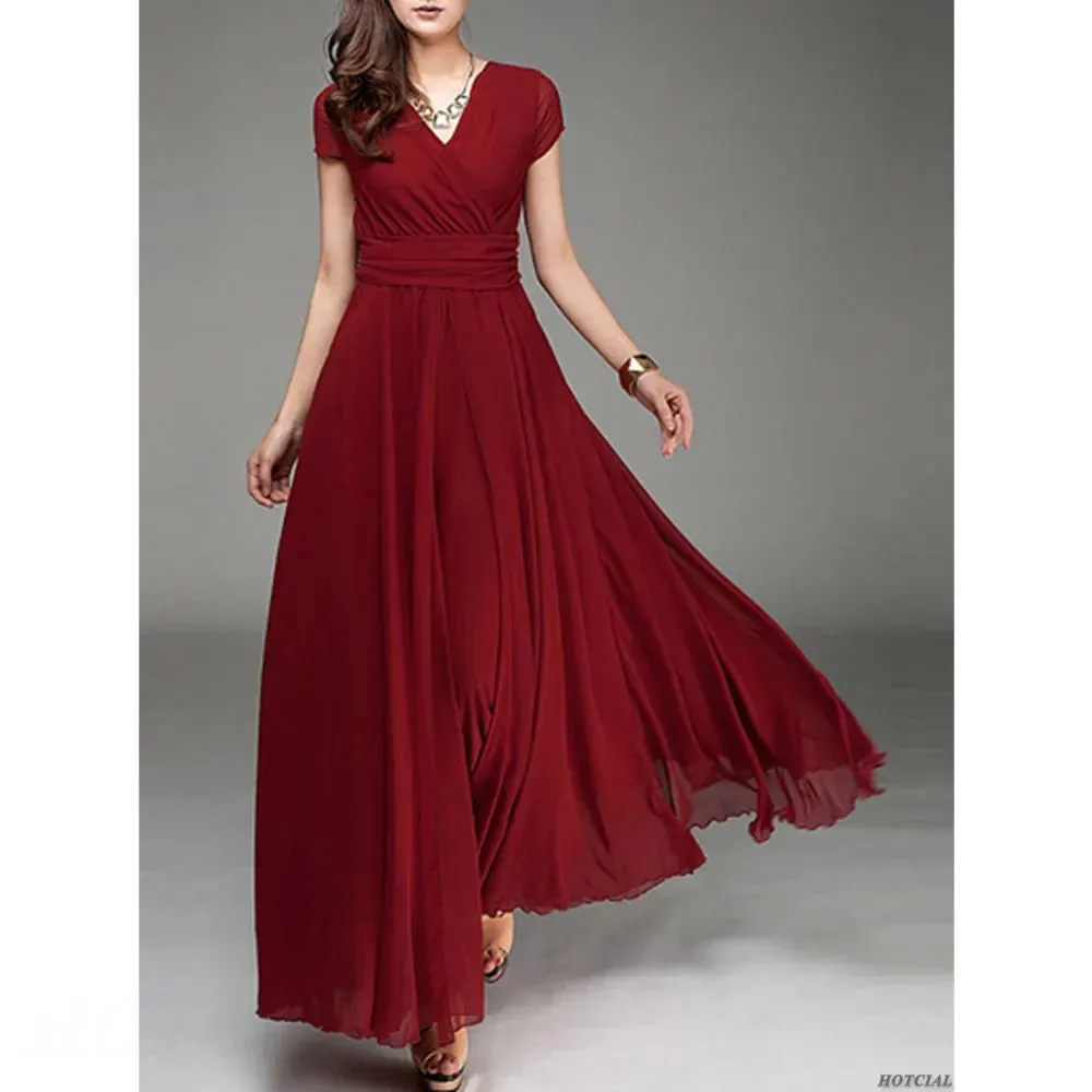 Women's Fashion V Neck Short Sleeve Evening Party Dress Temperament Solid Colour Long Cocktail Chiffon High Waist Summer Dresses