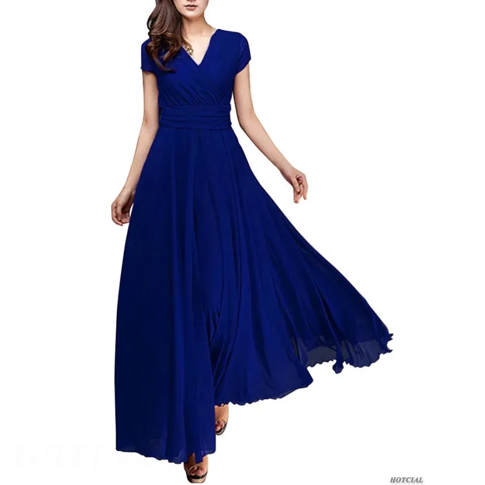 Women's Fashion V Neck Short Sleeve Evening Party Dress Temperament Solid Colour Long Cocktail Chiffon High Waist Summer Dresses