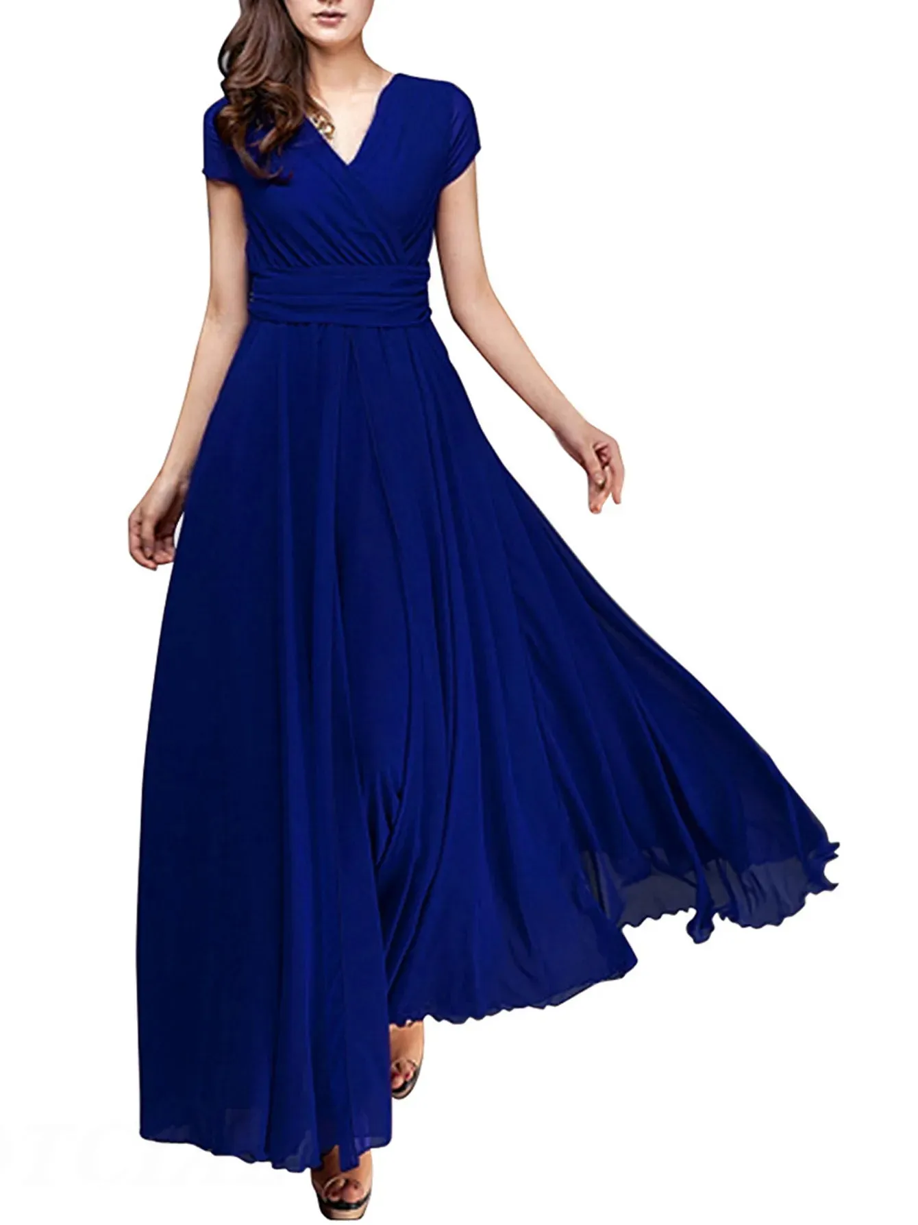 Women's Fashion V Neck Short Sleeve Evening Party Dress Temperament Solid Colour Long Cocktail Chiffon High Waist Summer Dresses