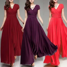 Women's Fashion V Neck Short Sleeve Evening Party Dress Temperament Solid Colour Long Cocktail Chiffon High Waist Summer Dresses