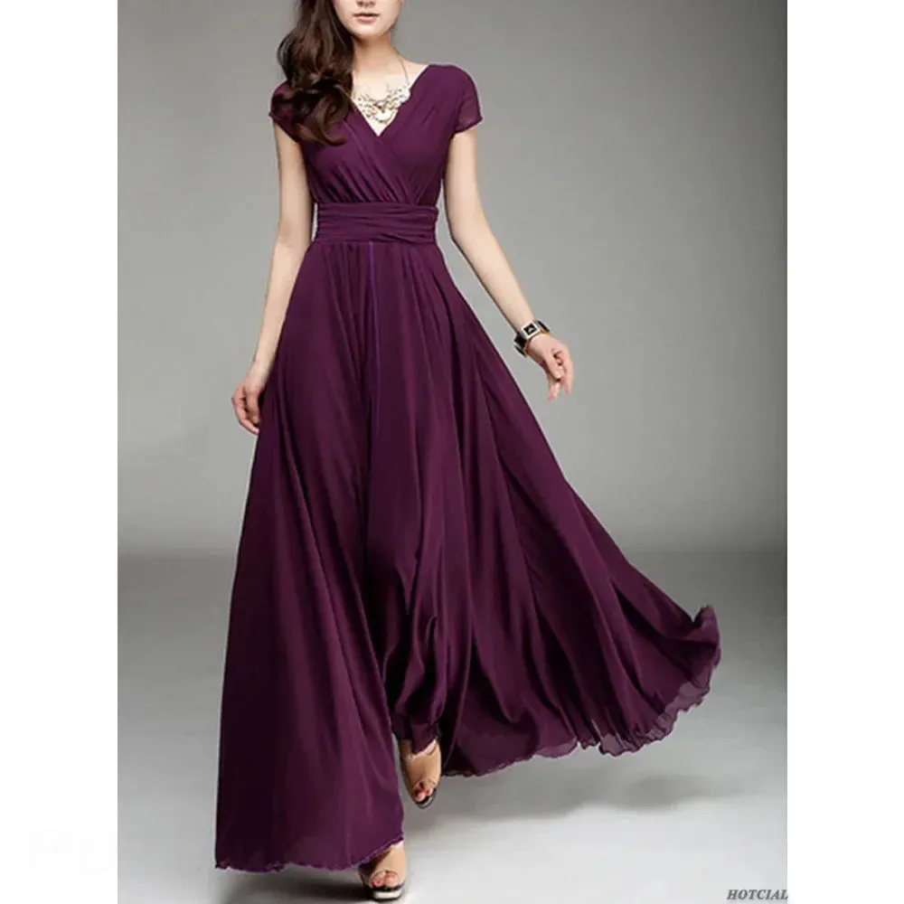 Women's Fashion V Neck Short Sleeve Evening Party Dress Temperament Solid Colour Long Cocktail Chiffon High Waist Summer Dresses