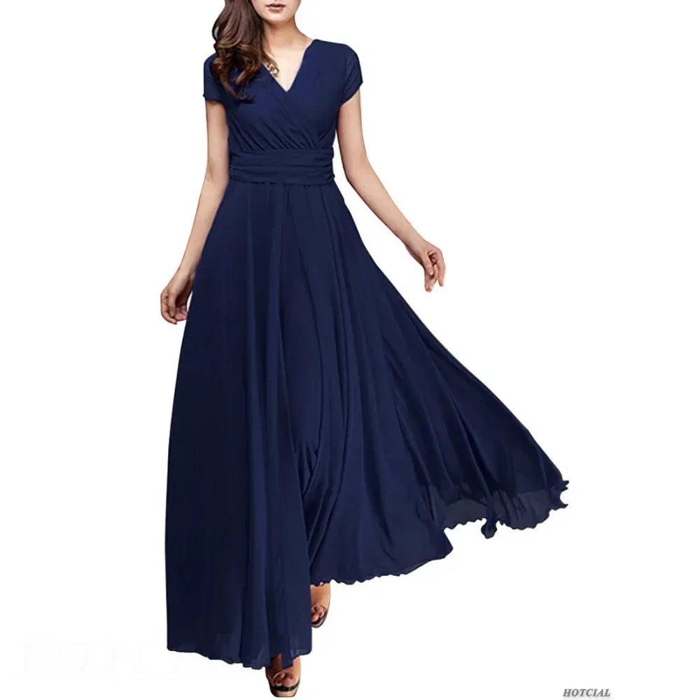 Women's Fashion V Neck Short Sleeve Evening Party Dress Temperament Solid Colour Long Cocktail Chiffon High Waist Summer Dresses